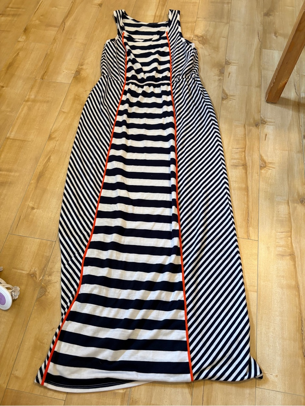 Navy & White Striped Maxi Dress with Orange Piping